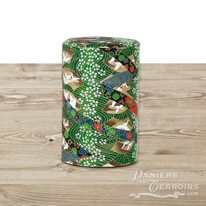Boîte à thé, métal et papier japonais (vert décor oiseaux et fleurs)