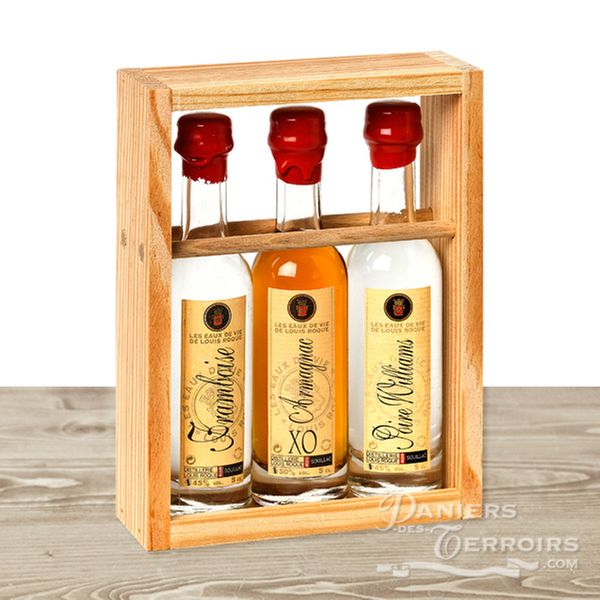 Coffret en Bois 3 mignonettes : Eau de vie de Poire, Framboise et Armagnac  XO 15cl